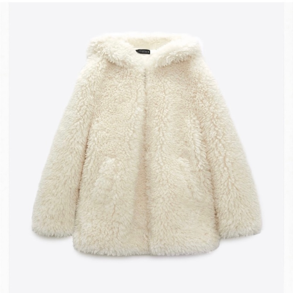 Zara zip up shearling faux fur jacket w/ hood large